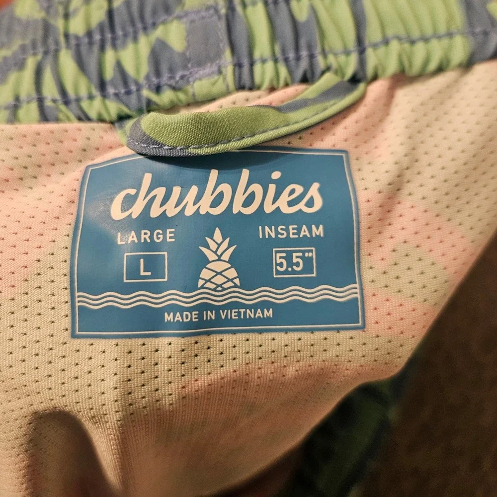 Chubbies Mens Swim Trunks Large Green Blue Palm Tree Tropical 5.5 Inseam Shorts